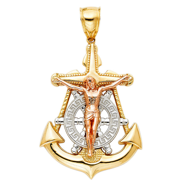 14K Tricolor Gold Crucifix Anchor Pendant
