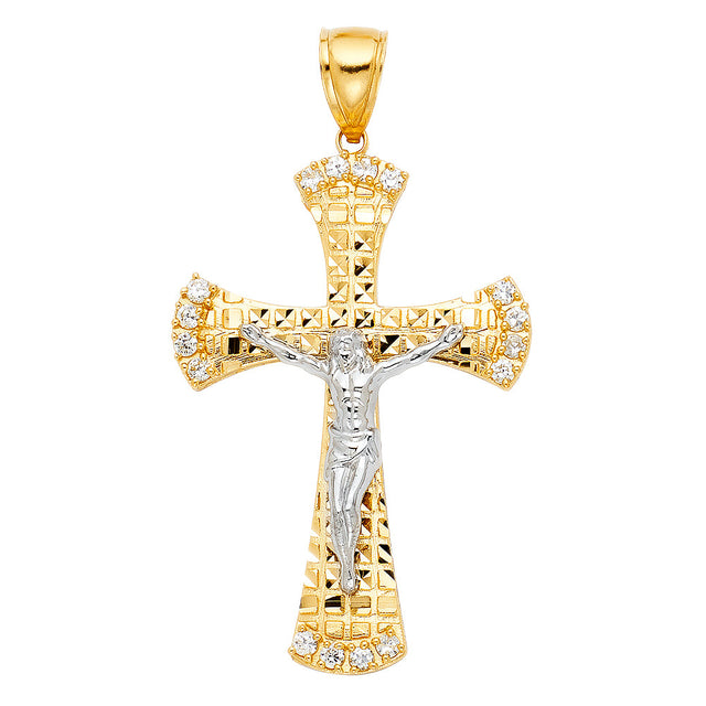 14K Two-Tone Gold CZ Cut-Out Crucifix Pendant