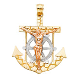 14K Tricolor Gold Mariner Crucifix Anchor Pendant