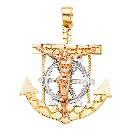 14K Tricolor Gold Mariner Crucifix Anchor Pendant