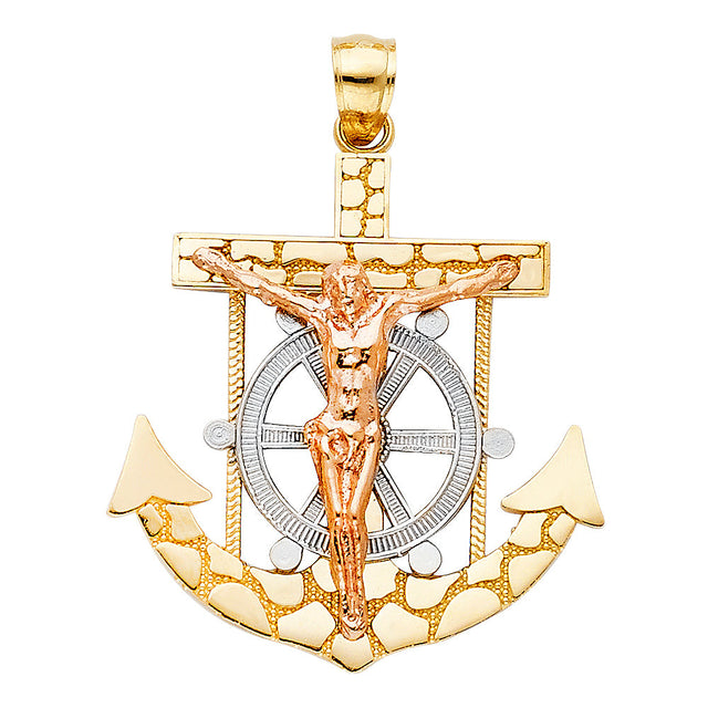 14K Tricolor Gold Mariner Crucifix Anchor Pendant