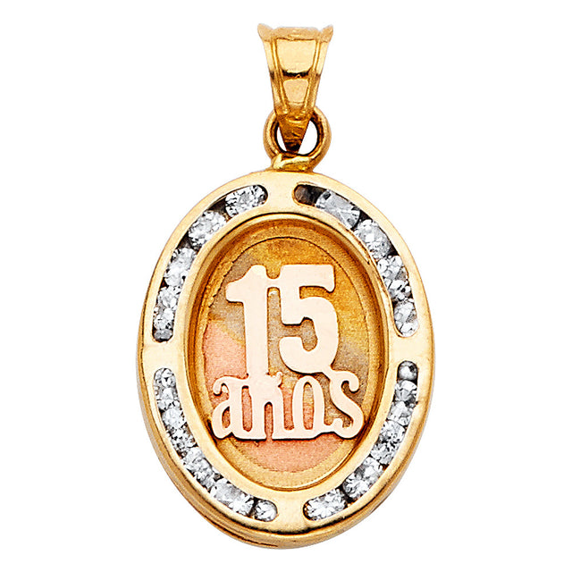 14K Tricolor Gold CZ 15 Years Pendant