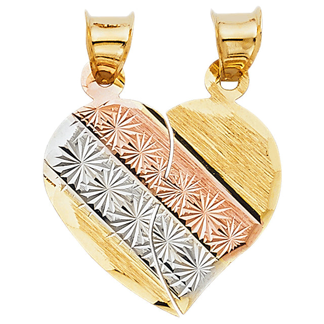 14K Tricolor Gold Breakable Diamond-Cut Heart Pendant