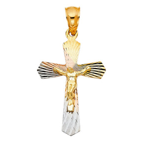 14K Tricolor Gold Stamped Crucifix Pendant