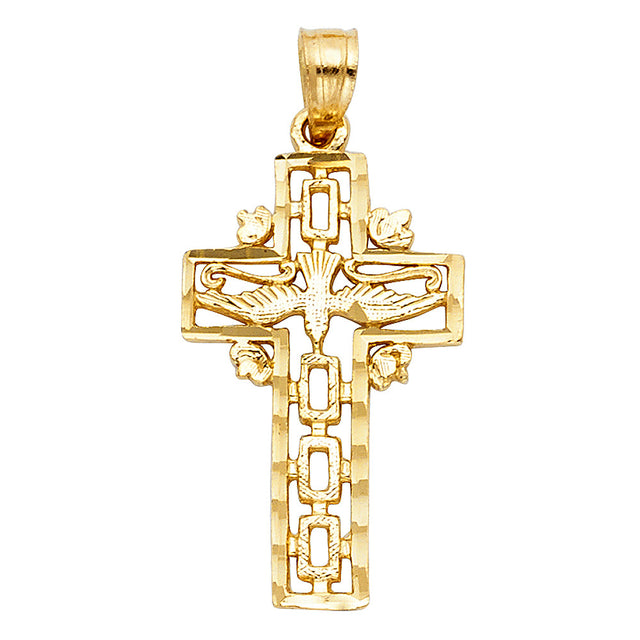 14K Yellow Gold Cross with Holy Spirit Dove Pendant