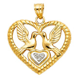 14K Two-Tone Gold Two Doves Heart Pendant — Yellow Doves — Italian Fashions