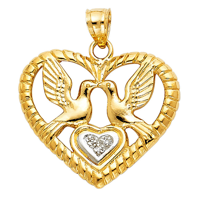 14K Two-Tone Gold Two Doves Heart Pendant — Yellow Doves — Italian Fashions