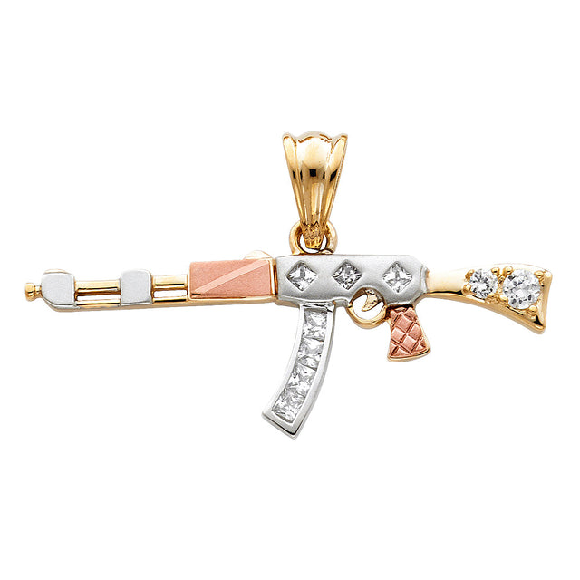 14K Tricolor Gold Small Stone-Accented AK-47 Rifle Pendant