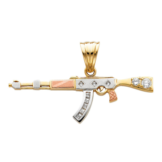 14K Tricolor Gold Medium Stone-Accented AK-47 Rifle Pendant