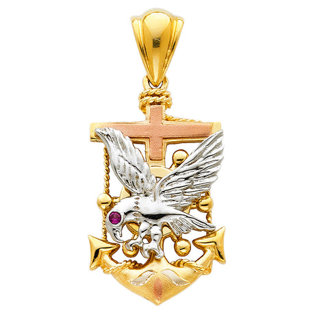 14K Tricolor Gold Small Mariner Anchor with Eagle Pendant