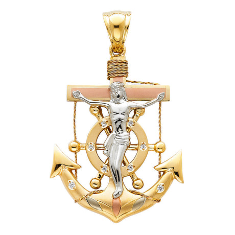 14K Tricolor Gold Crucifix Anchor Pendant