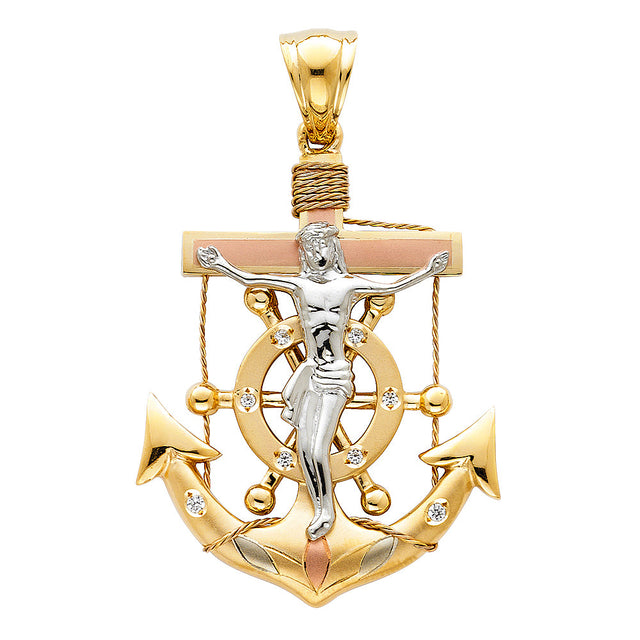 14K Tricolor Gold Crucifix Anchor Pendant