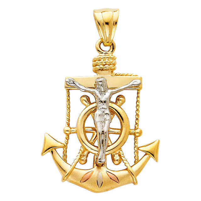 14K Tricolor Gold Crucifix Anchor Pendant