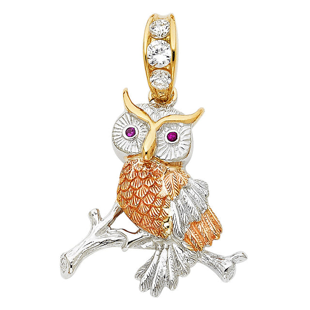 14K Tricolor Gold Owls on a Branch Pendant