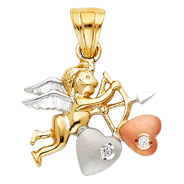 14K Tricolor Gold Cupid Angel with Hearts Pendant