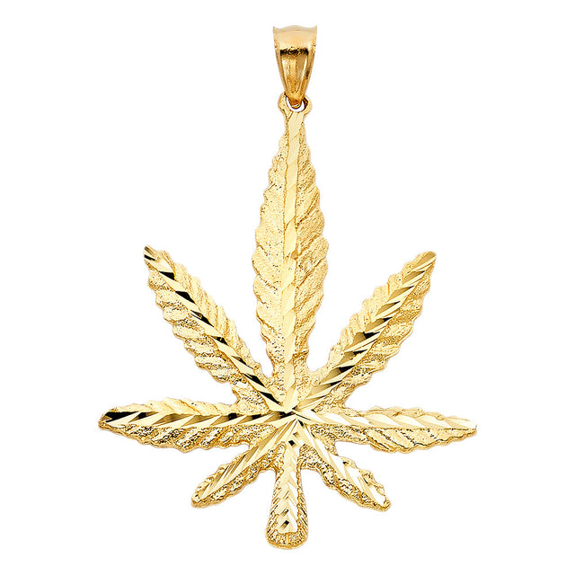 14K Yellow Gold Extra-Large Diamond-Cut Marijuana Leaf Pendant
