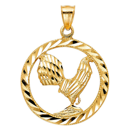 14K Yellow Gold Rooster in Circle Pendant
