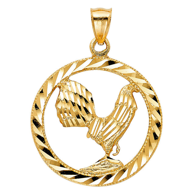 14K Yellow Gold Rooster in Circle Pendant