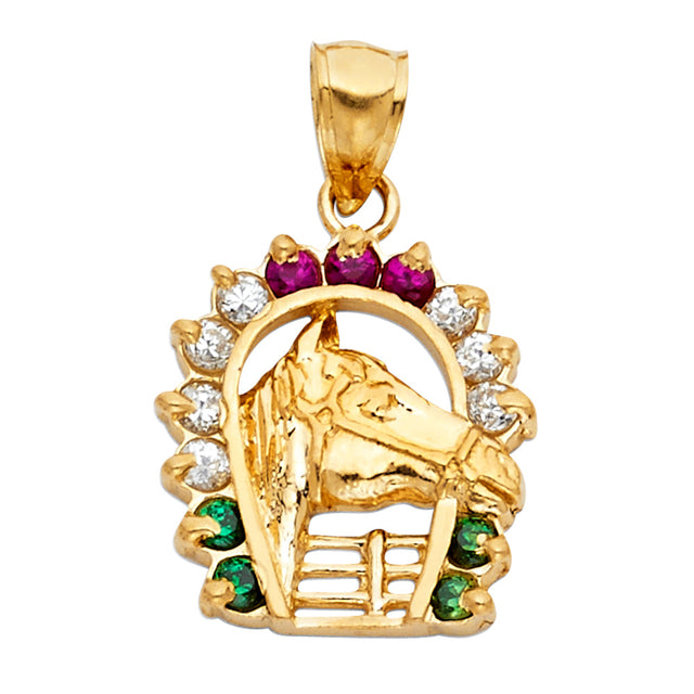 14K Yellow Gold Multicolor Stone Horse Head Horseshoe Pendant