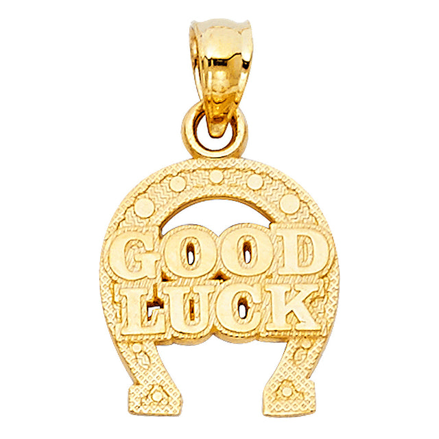 14K Yellow Gold "Good Luck" Horseshoe Pendant on White Background