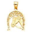 14K Yellow Gold Filigree Horse Head Horseshoe Pendant on White Background