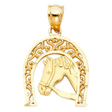 14K Yellow Gold Filigree Horse Head Horseshoe Pendant on White Background