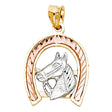 14K Tricolor Gold Horse Head Horseshoe Pendant on White Background