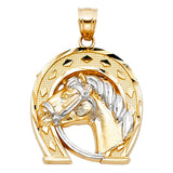 14K Two-Tone Gold Horse Head Horseshoe Pendant on White Background
