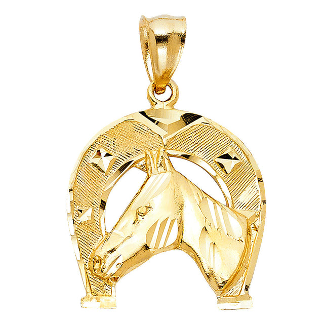 14K Yellow Gold Double Horse Head Horseshoe Pendant on White Background