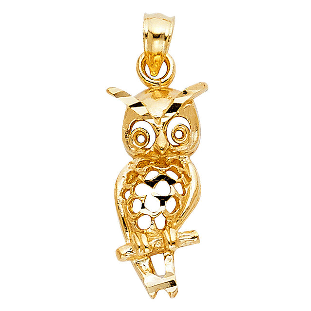 14K Yellow Gold Owl on Branch Pendant
