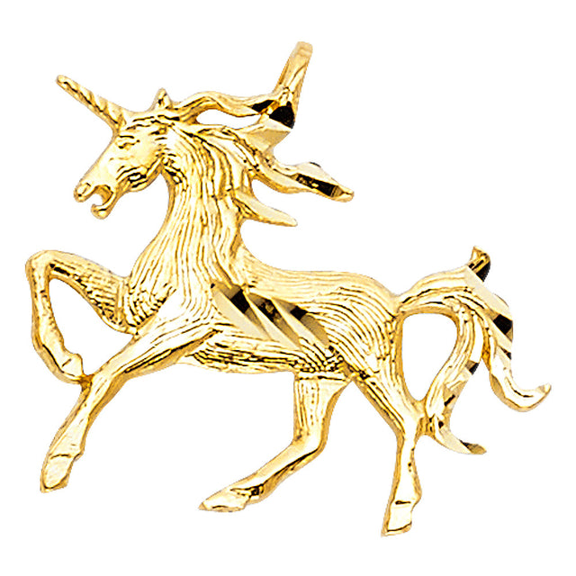 14K Yellow Gold Running Unicorn Pendant on White Background