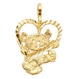 14K Yellow Gold Baby Bear with Heart Pendant on White Background