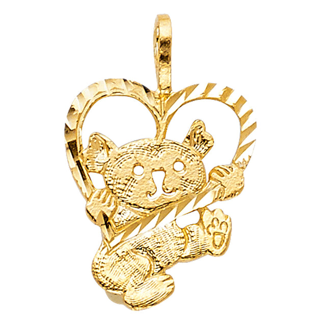 14K Yellow Gold Baby Bear with Heart Pendant on White Background
