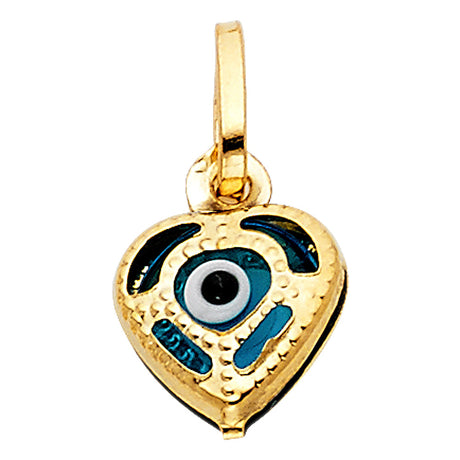 14K Yellow Gold Enamel Evil Eye Heart Pendant on White Background