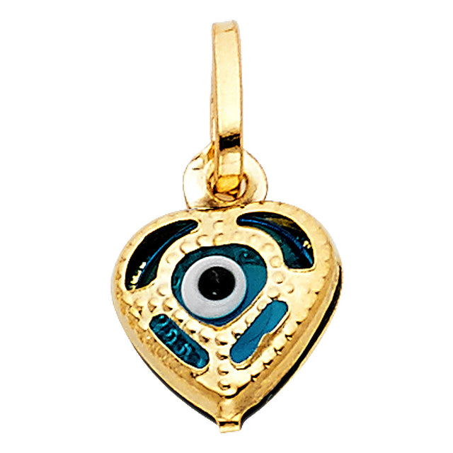 14K Yellow Gold Enamel Evil Eye Heart Pendant on White Background