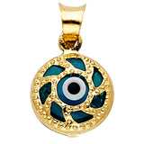 14K Yellow Gold Round Enamel Evil Eye Pendant on White Background
