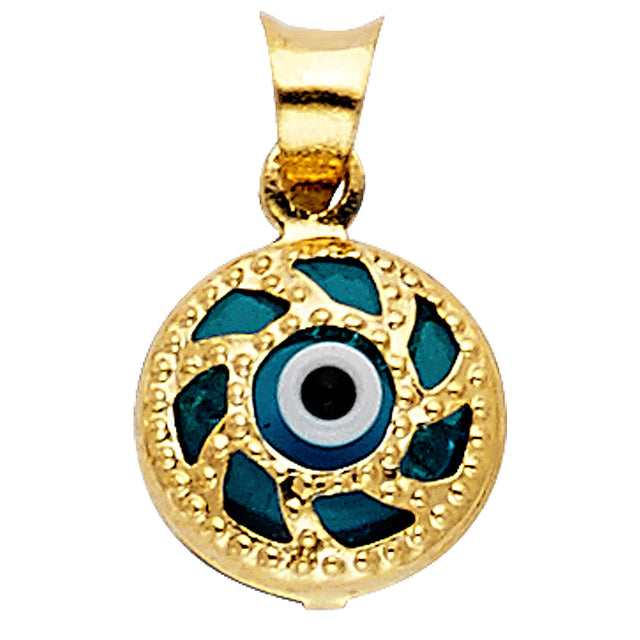 14K Yellow Gold Round Enamel Evil Eye Pendant on White Background