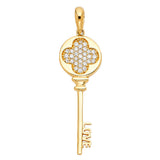 14K Yellow Gold Clover-Top Love Key Pendant on White Background