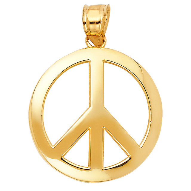 14K Yellow Gold Peace Sign Pendant on White Background