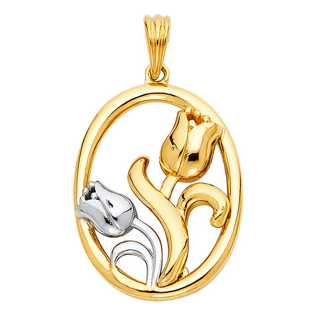 14K Two-Tone Gold Rose Oval Pendant on White Background