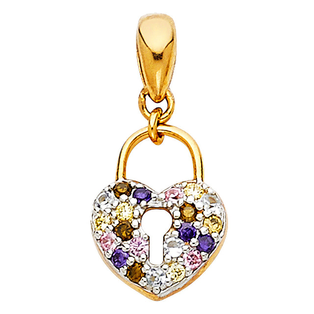 14K Two-Tone Gold Multicolor Heart Padlock Pendant on White Background