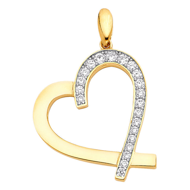 14K Yellow Gold Large CZ Sideways Heart Pendant
