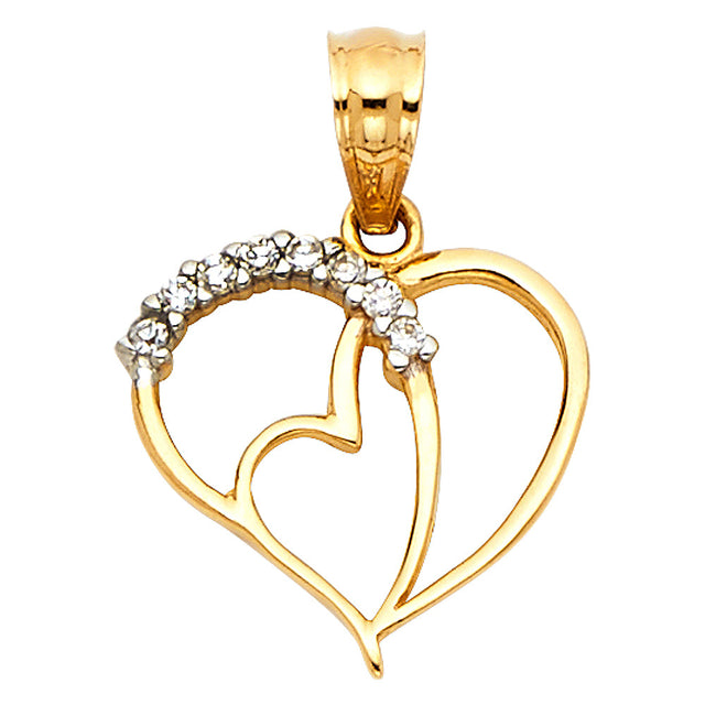 14K Two-Tone Gold CZ Open Double Heart Pendant