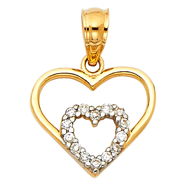 14K Two-Tone Gold Double Heart with CZ Inner Heart Pendant