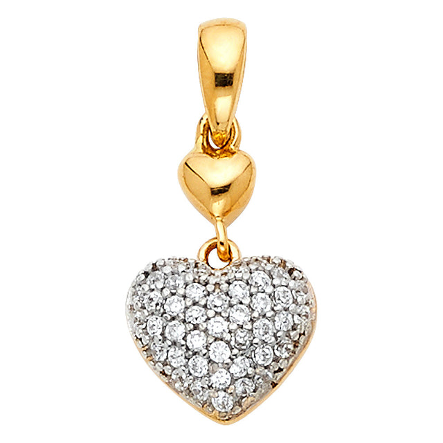 14K Two-Tone Gold CZ Pavé Puff Heart Drop Pendant
