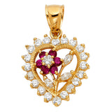 14K Yellow Gold Heart with Flower Pendant on White Background