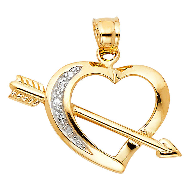 14K Two-Tone Gold Open Heart and Arrow Pendant on White Background