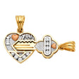 14K Tricolor Gold Heart and Key Pendant on White Background