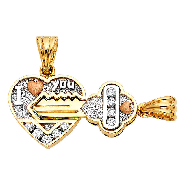 14K Tricolor Gold Heart and Key Pendant on White Background