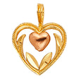 14K Two-Tone Gold Heart with Rose-Gold Center Heart and Leaves Pendant